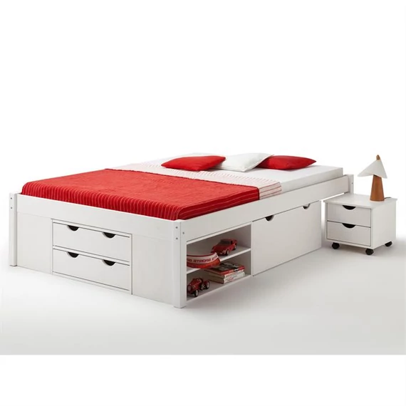 SABRINA 140 x 200 fenyő franciaágy 8 fiókkal-polcokkal (fehér) 5301